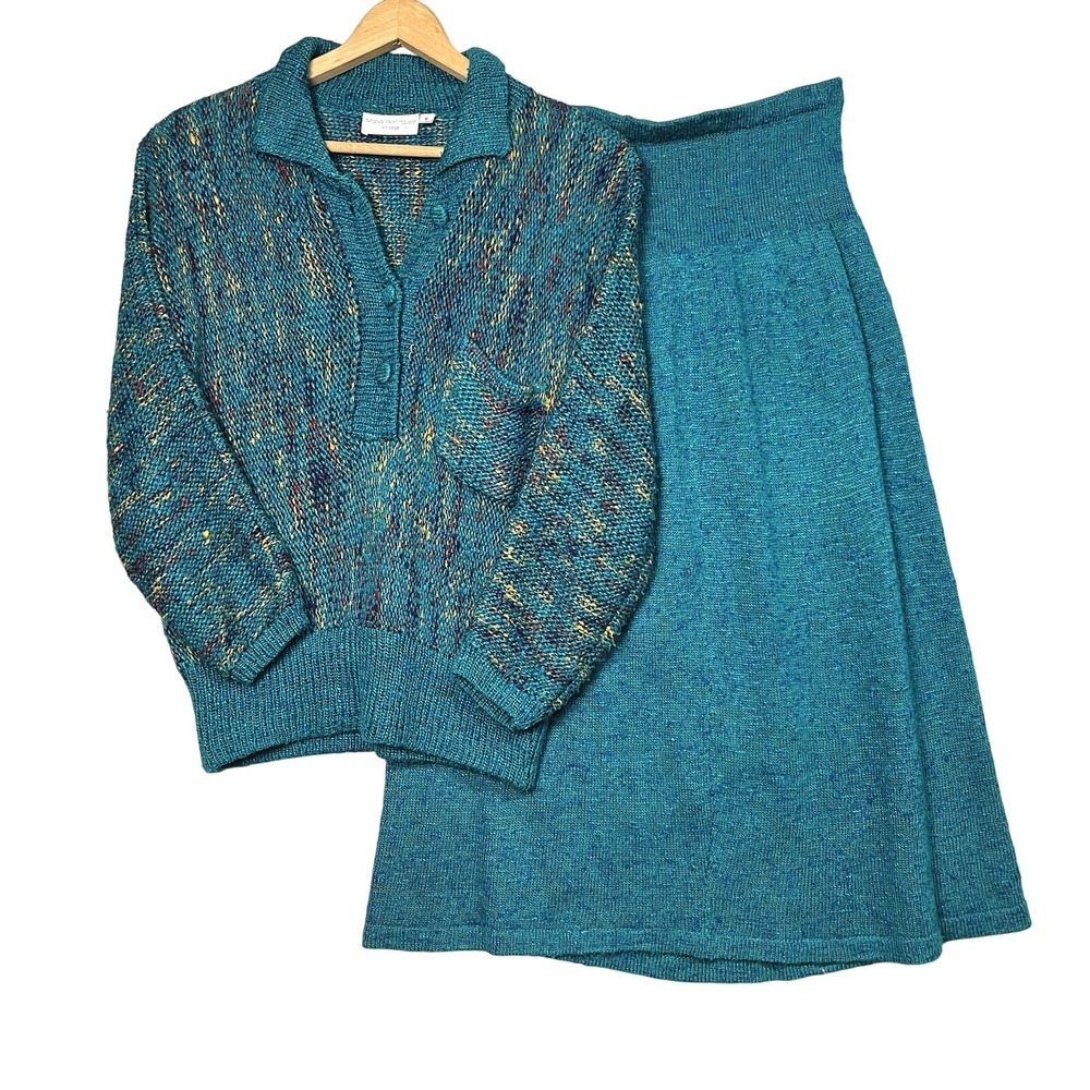 Vintage Sweater Set Skirt MARIA RODRIGUEZ Teal Blue & Green Chunky Knit 70s 60s
